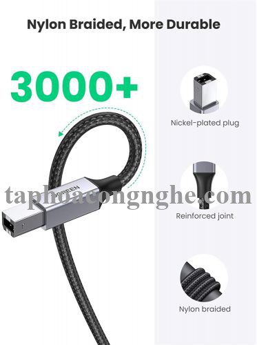Ugreen 80804 3M đầu nhôm dây bọc lưới chống nhiễu cáp máy in màu Đen 2.0 USB A sang B US369 30080804
